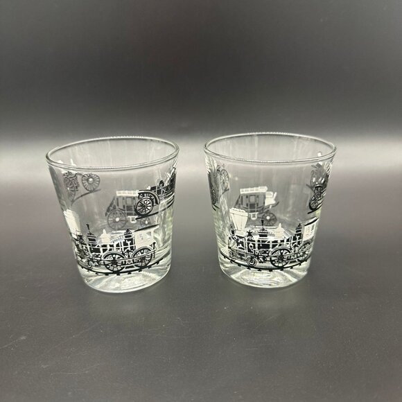 Vintage Cocktail Glasses Libbey Doubles Rocks Transportation Train Stage Coach - Picture 1 of 9